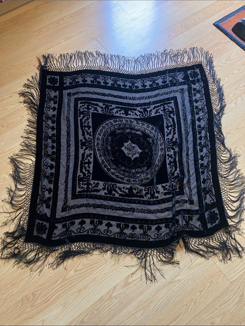 Black and Gray Women's Fringe Square Scarf - Unbranded
